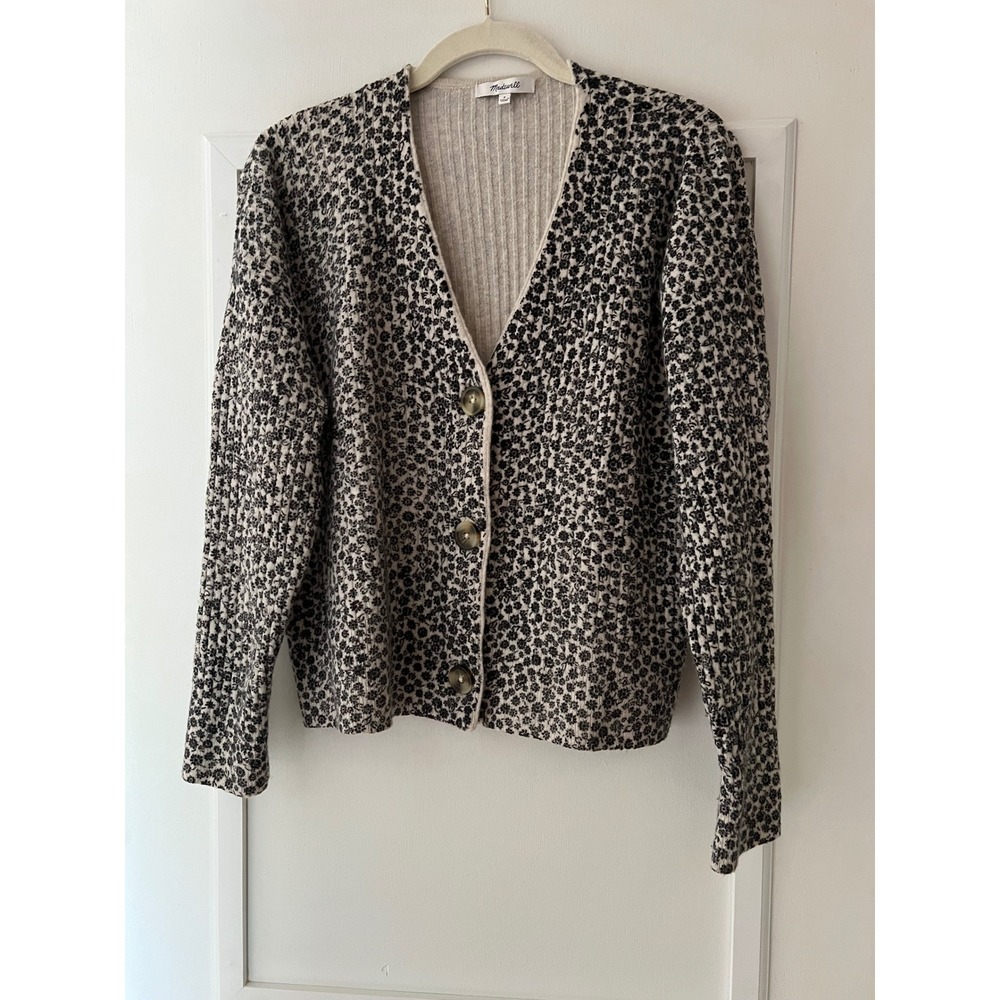 Madewell Floral Ribbed V-Neck Cardigan Sweater Wool Alpaca Blend Cream Black S